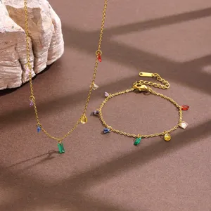 Minimalist Stainless Steel Crystal Stone Pendant Necklace Bracelet Anklet Gold Plated Fashion Jewelry Gift For Women