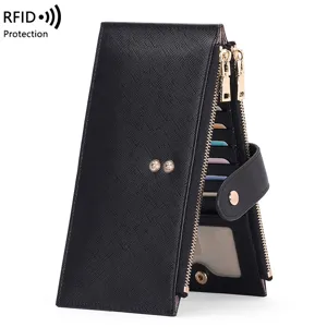 Women Long Wallet Saffiano PU Leather Double Zipper RFID Blocking Multi Card Slots Phone Purse Large Capacity Practical