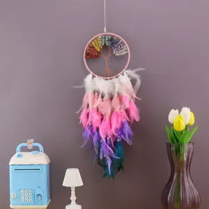 Handmade Tree of Life Crystal Gravel Dreamcatcher With Feathers Romantic Wind Chime Hanging Ornament For Bedroom Home Decor