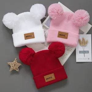 Acrylic Childrens Knit Hat Winter Baby Beanie Cute Double Pom Pom Warm Letter Patch Pullover Cap For Toddler Boys Girls