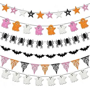 Halloween Party Decorative Bunting Glitter Paper Ghost Spider Bat Pentagram Garland Indoor Home Hanging Ornaments