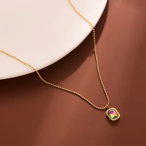 Minimalistisch Titaanstaal Iriserend Kristal Vierkante Hanger Halsketting Voor Vrouwen Geometrische Sleutelbeen Ketting Mode Sieraden