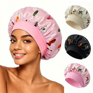 Women Satin Sleep Cap Butterfly Print Wide Band Elastic Night Sleep Bonnet Hair Care Cap