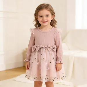 Baby Toddler Girls Long Sleeve Mesh Princess Dress Floral Embroidery Bow Sweet A-Line Party Dress Children Clothes