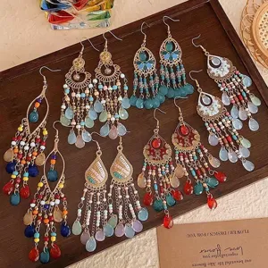Boho Crystal Long Tassel Earrings Ethnic Geometric Drop Dangle Earrings Fashion Jewelry For Women Travel Photo Party