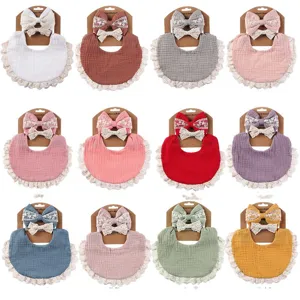 Baby Cotton Bib And Headband Set Waterproof Solid Color Lace Bow Infant Saliva Towel