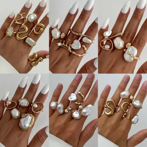 Damen Mode Offene Ringe Set Vergoldet Legierung Barock Künstliche Perle Unregelmäßig Geometrisch Fingerringe Trendiger Schmuck Geschenk