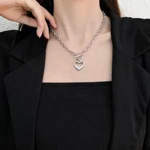 Collar Colgante de Corazón Oso Moneda Bola de Acero Inoxidable Minimalista Cierre de T-Bar Clavícula Joyería