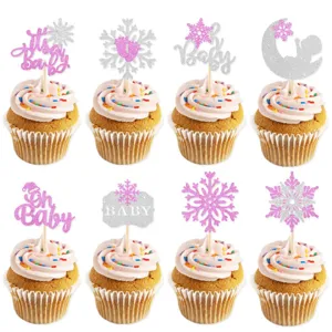 Christmas Party Cake Toppers Glitter Snowflake Cake Decorations Baby Shower Cupcake Toppers Set Party Baking Supplies