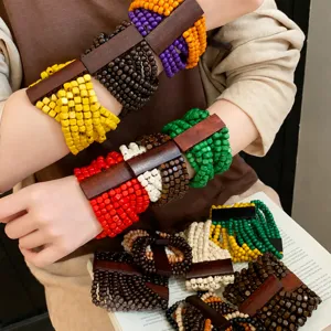 Handgemaakte Multi-Strand Houten Kruis Kralen Armband Voor Vrouwen Boheems Etnische Brede Armring Vintage Sieraden