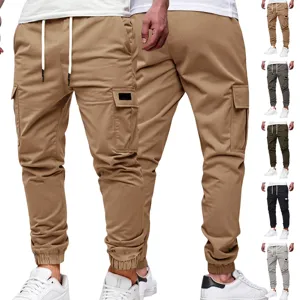 Men Cargo Jogger Pants Polyester Drawstring Elastic Waist Multi Pockets Casual Urban Wear Resistant Trousers For Men