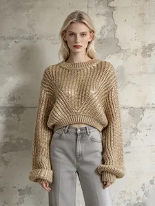 Pullover Corto in Maglia di Poliestere Elegante da Donna Girocollo Manica Lunga Taglio Ampio Tinta Unita Maglieria di Moda