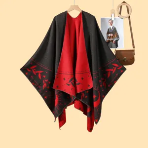 Scialle a Spacco con Nappe Jacquard su Due Lati da Donna Autunno Inverno Caldo Poncho Aperto Mantella con Motivo Celeste Luna Stella Avvolgenti Poliestere Acrilico