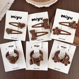 Barrettes à Cheveux et Élastiques à Flocage Léopard Pois pour Filles Automne Hiver Nœud Marron Cœur Fleur Accessoires Cheveux Enfants