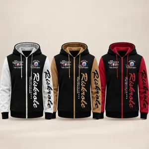Men's Color Block Zipper Hoodie Autumn Winter Long Sleeve Hooded Cardigan Sweatshirt With Letter Print Streetwear