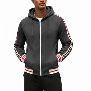 Men Autumn Winter Hoodie Top Fleece Lined Zip Up Long Sleeve Casual Hooded Sweatshirt Striped Ribbon Sporty Outerwear