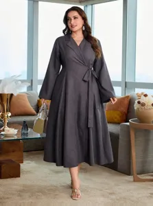 Plus Size Damen langes Kleid elegantes Pendeln langarm Anzugkragen Gürtel einfarbig Maxikleid