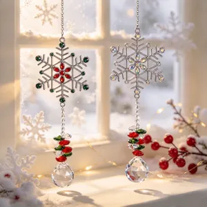Attrape-Soleil de Noël en Cristal Flocon de Neige Ornement Suspendu Avec Perles Colorées et Boule de Prisme pour Fenêtre