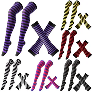 Women Over-the-Knee Striped Socks And Fingerless Gloves Set Polyester Knit Long Stockings Arm Warmers For Halloween Christmas Party