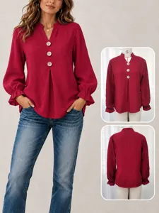 Women Casual V Neck Button Blouse Fashion Long Ruffle Sleeve Solid Color Top Polyester Spandex Loose Shirt For Autumn Winter