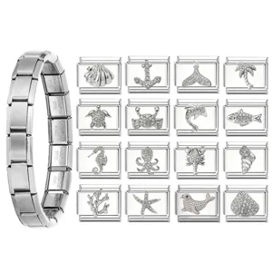 Lien de Charme Italien en Acier Inoxydable Série Océan Module Animal Marin en Strass Pour la Fabrication de Bracelets DIY Accessoires Bijoux
