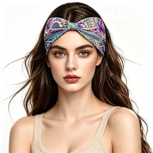 Women's Ethnic Print Sports Headband Wide Twist Elastic Yoga Hair Band Geometric Printed Sweatband Headwrap Accessories