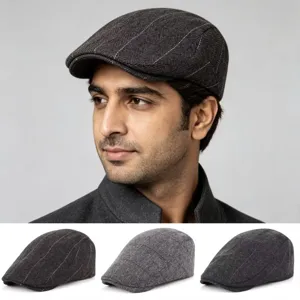 Men's Vintage British Style Flat Cap Wool Blend Plaid Beret Spring Autumn Warm Casual Duckbill Hat Newsboy Cap