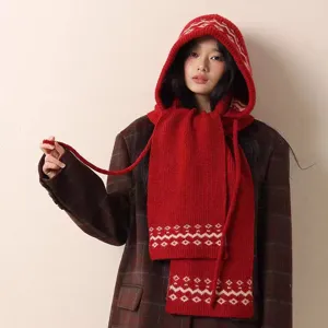 Women Winter Warm Knitted Hooded Scarf Fair Isle Geometric Pattern Beanie Hat Integrated Shawl Casual Outdoor