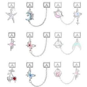 Stainless Steel Italian Modular Charm Bracelet DIY Link Double Pendant Star Moon Heart Butterfly Mermaid Rhinestone Jewelry Findings