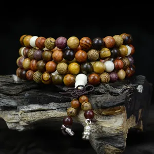 Bracelet de Perles de Prière en Bois Mixte Naturel pour Unisexe Méditation Yoga Style Ethnique Longues Perles Mala Multicouches Bijoux Bouddhistes Cadeau