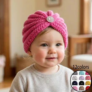 Soft Baby Knit Turban Hat With Rhinestone Flower Infant Beanie For Toddler Girls Winter Warm Headwrap Fashion Solid Color Headband