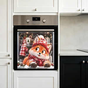 Christmas Cartoon Fox Dishwasher Magnet Sticker Cute Painted Animal Oven Refrigerator Decal Xmas Kitchen Appliance Decor PVC Wall Sticker
