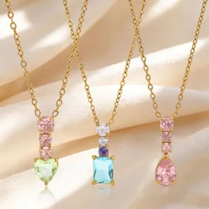 Titanium Steel Rhinestone Pendant Necklace Women Heart Square Water Drop Candy Color Clavicle Chain Sweet Niche Jewelry
