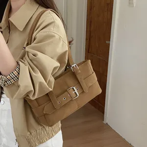 Women Retro PU Leather Underarm Bag Niche Premium Baguette Shoulder Bag Casual Commuter Handbag With Belt Buckle Decorative Stitching