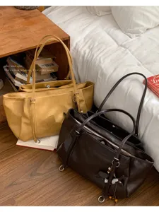 Women's Large Capacity PU Leather Tote Bag Urban Minimalist Plaid Commuter Shoulder Handbag With Puppy Charm Daily Purse
