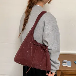 Vintage Large Capacity Underarm Bag For Women Polka Dot Tote Bag Simple PU Leather Shoulder Bag With Bow Commuting Handbag