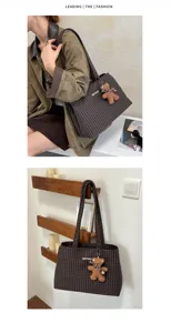 Lifestyle and hanging views of a brown checked tote with a teddy bear charm and woven handles