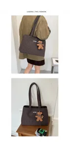 Two views show a brown checked bag worn over the shoulder and displayed with a teddy bear charm