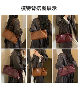 Seis vistas de modelos con bolsos de hombro marrones y burdeos, con monederos a juego