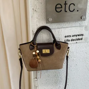 Women Retro Suede Bucket Bag Leopard Print Leather Handbag With Wood Pendant Fashion Shoulder Crossbody Bag For Daily Use