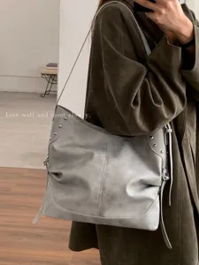 Women Urban PU Bucket Bag Large Capacity Niche High-End Feel Underarm Shoulder Crossbody Bag Rivet Decor Commute Handbag