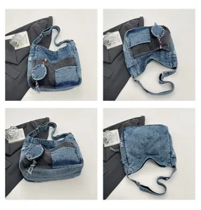 Four-view display of a patchwork denim shoulder bag with a matching round coin pouch charm