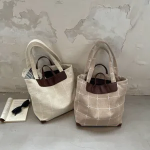 Große Kapazität Segeltuch Gitter Muster Einkaufstasche Für Damen Vintage Koreanischen Stil Schultertasche Mit Ledergriffen Alltagstasche