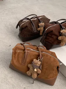 Large Capacity Women Suede Boston Underarm Bag Retro Patchwork Shoulder Bag With Bear Pendant Autumn Winter Tote Handbag
