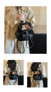 Three views of a black backpack showing its plush bear patch, flap pocket and drawstring closure