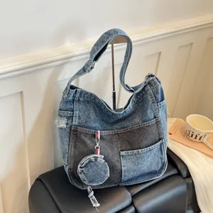 Vintage Denim Patchwork Large Capacity Shoulder Bag For Women Fashion Multi Pocket Crossbody Tote Bag With Round Coin Purse Charm