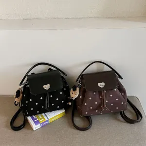 Women's Casual Polka Dot PU Leather Backpack Retro Heart Buckle Shoulder Bag With Bear Pendant Versatile Commute Handbag