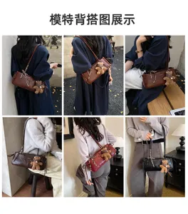 Collage di outfit con borse indossate marroni, bordeaux e nere, decorate con ciondoli a orsetto