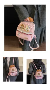 Three views of a pink bag worn and held, showing teddy appliqués, plaid bow and plush top handle