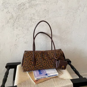 Bolso de Axila de Gamuza PU Estampado de Leopardo Vintage para Mujer Bolso de Hombro Cilíndrico de Gran Capacidad Con Mini Bolso